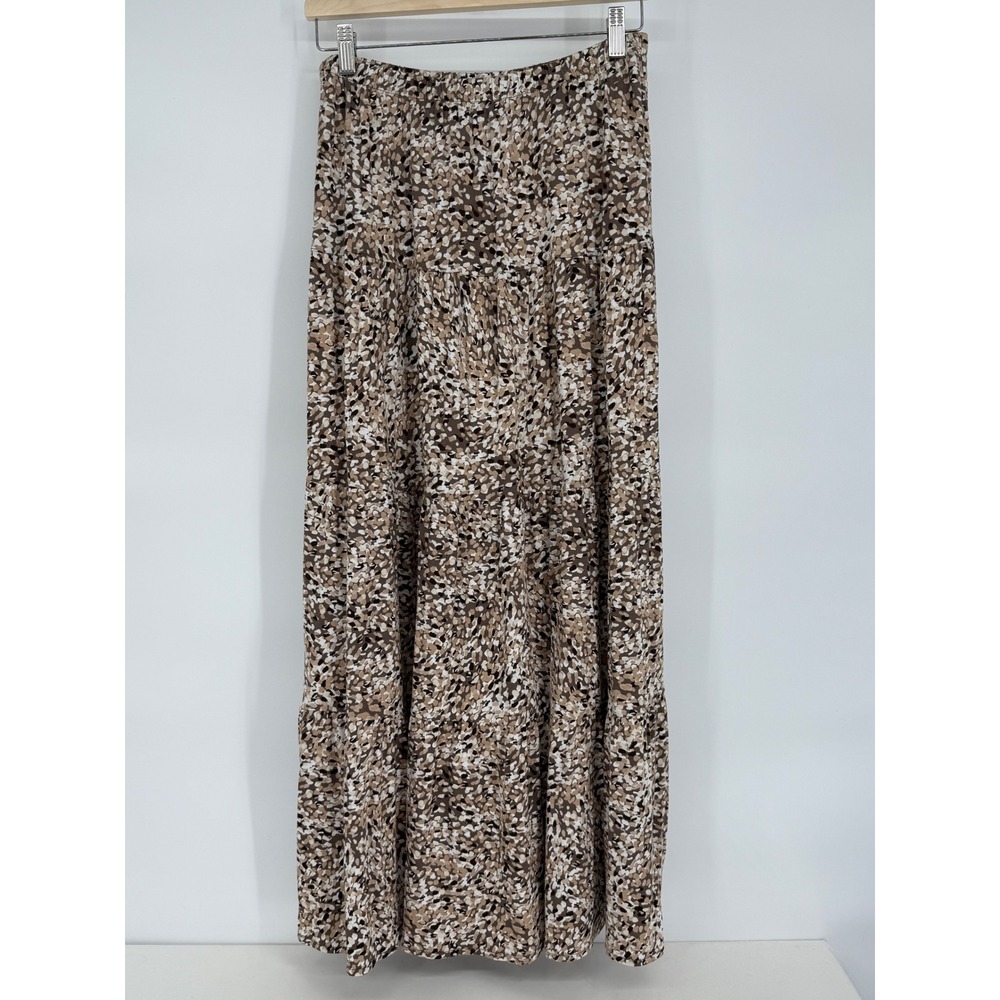 St Johns Bay Maxi Skirt Tiered Abstract Print Brown Tan White Size Small